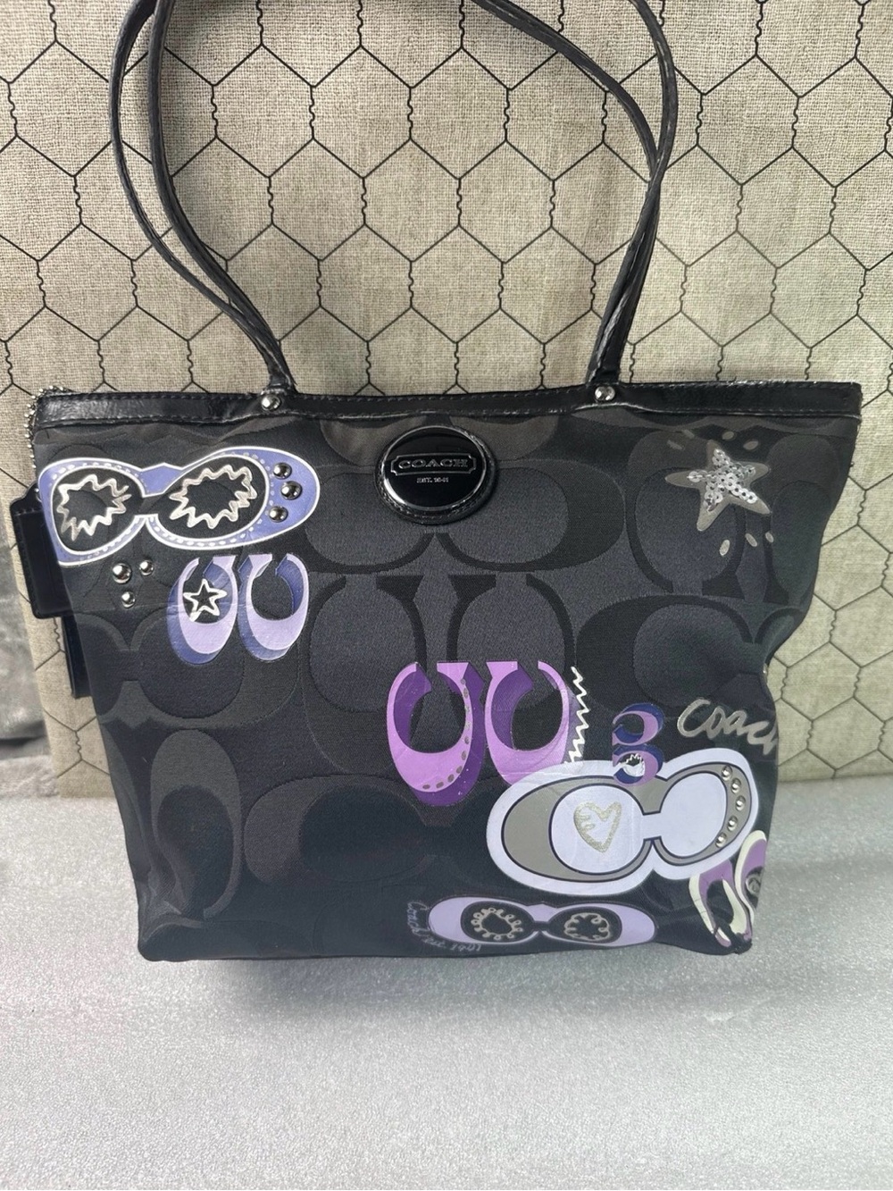 Coach Black Tote with Purple and Lavender Graphic Accents